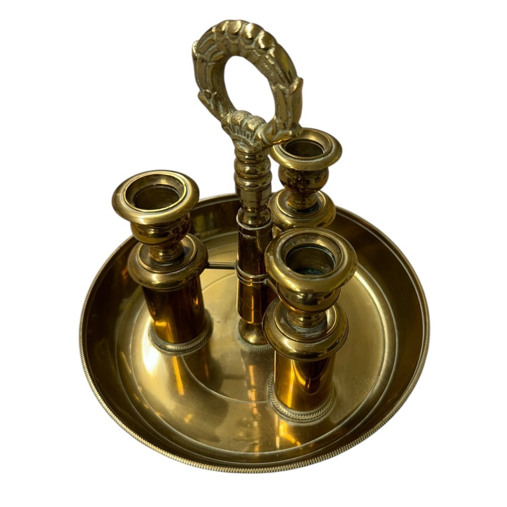 Vintage Neiman Marcus Brass Candlestick Holder Trio Candelabra with Handle Heavy - Picture 3 of 4